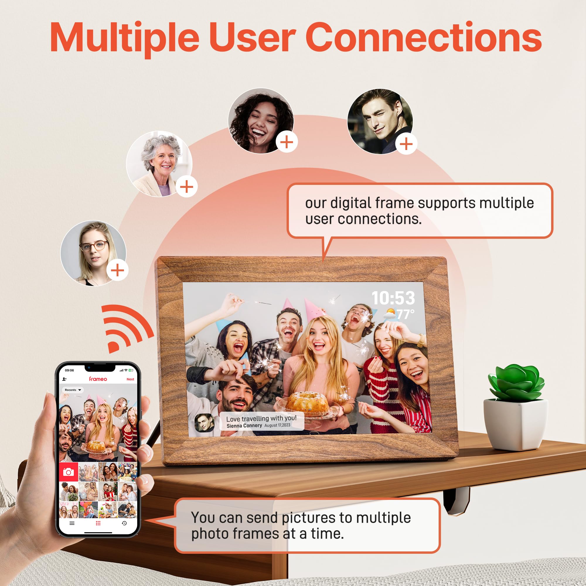 Frameo WiFi digital picture frame with wooden design showing multiple user photo connections via smartphone app