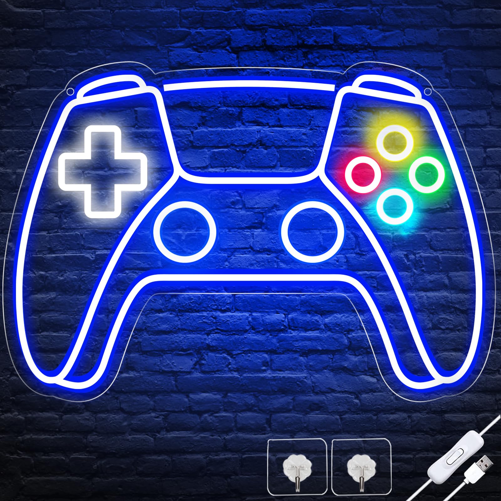 craques gamer neon sign shaped like a blue video game controller with multicolor buttons glowing on a dark brick wall
