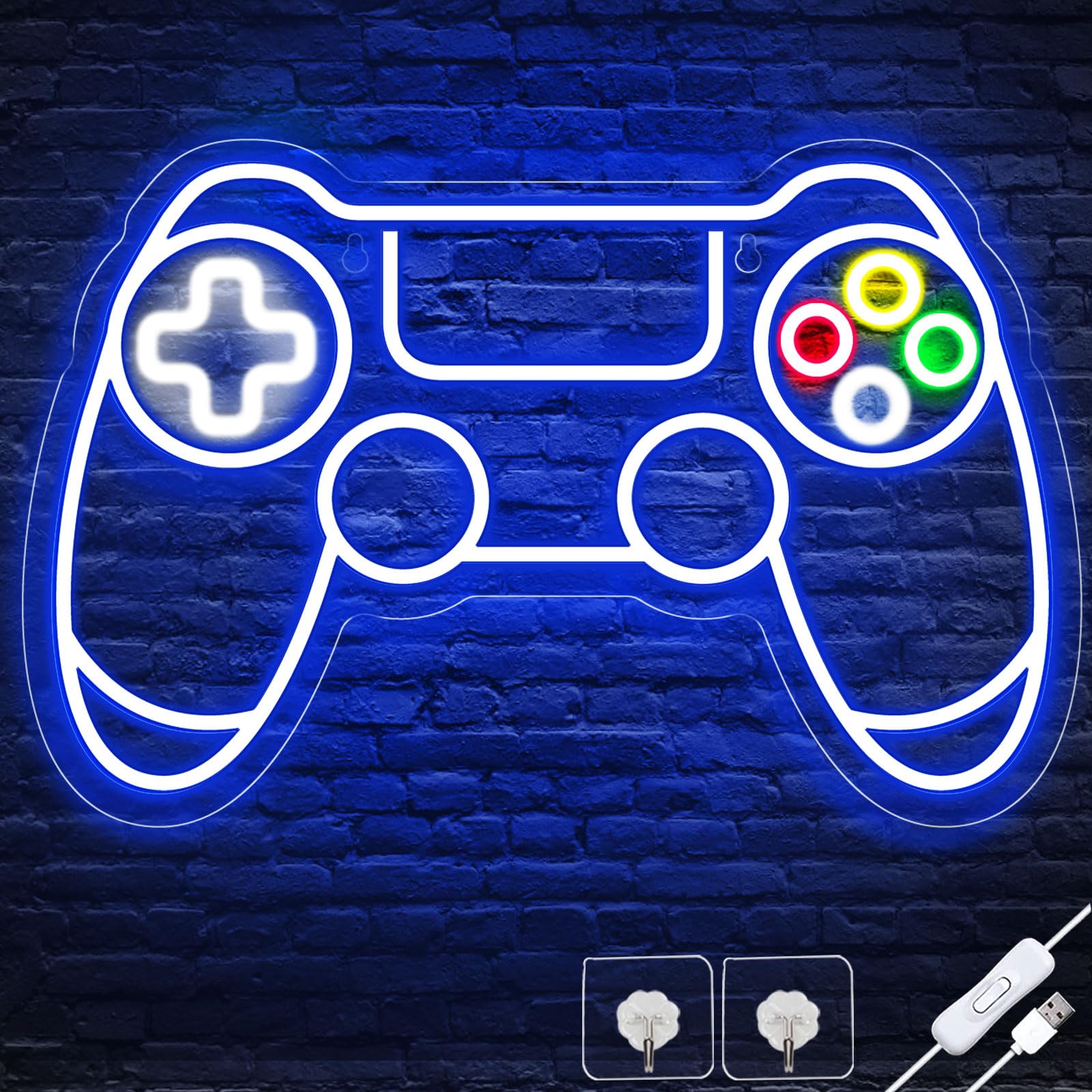 Craques gamer neon sign shaped like a video game controller with colorful buttons and blue outline