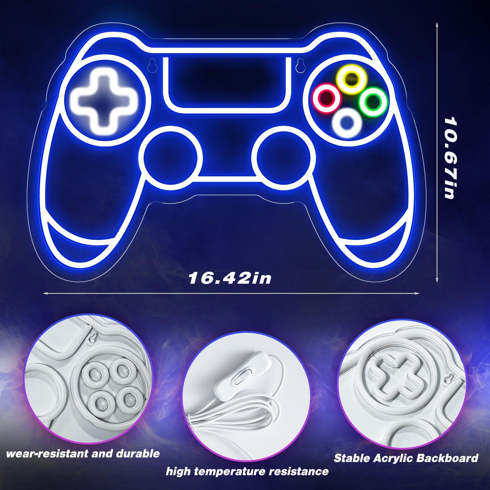 Craques gamer neon sign shaped like a video game controller with colorful buttons and durable acrylic backboard