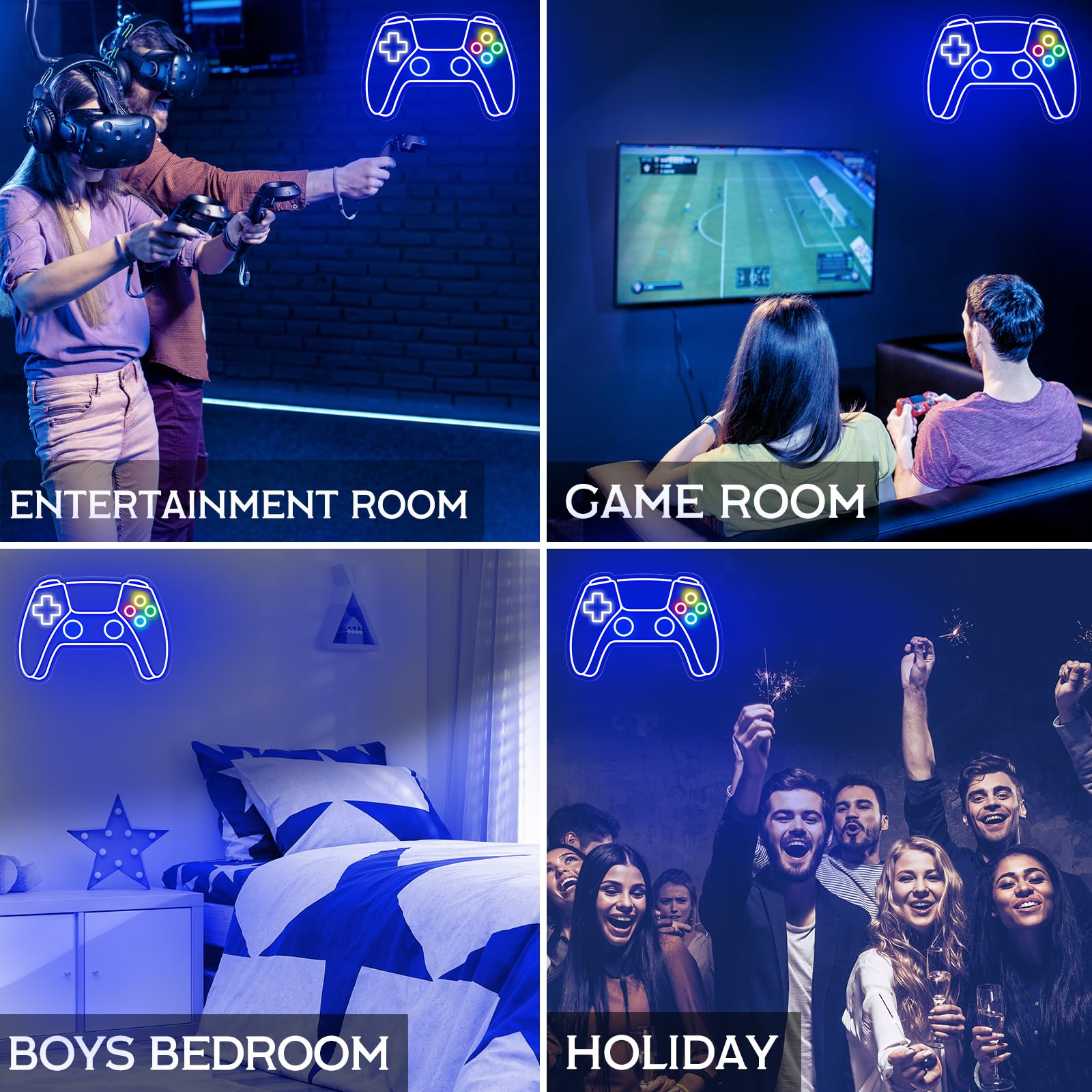 Gamer neon sign glowing in blue with game controller design featured in different room settings