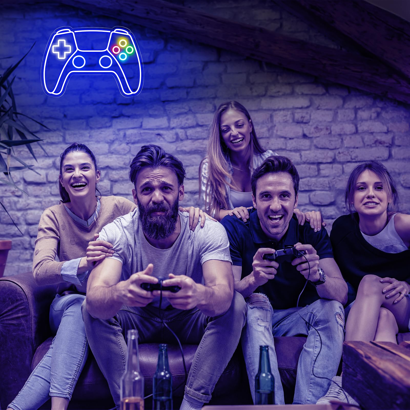 Group of friends playing video games with a colorful gamer neon sign shaped like a controller on the wall