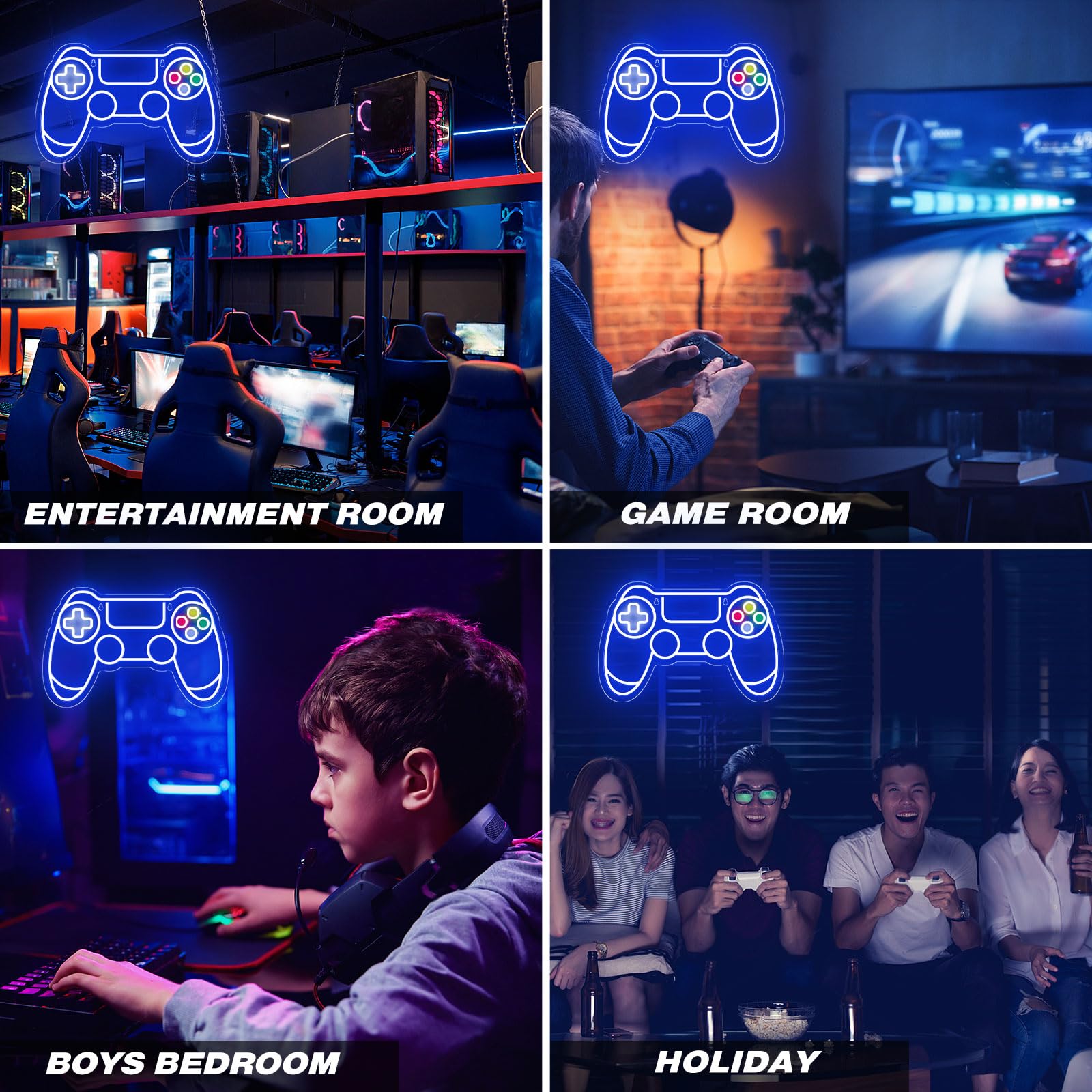 Gamer neon sign shaped like a game controller glowing blue in various gaming and entertainment room settings