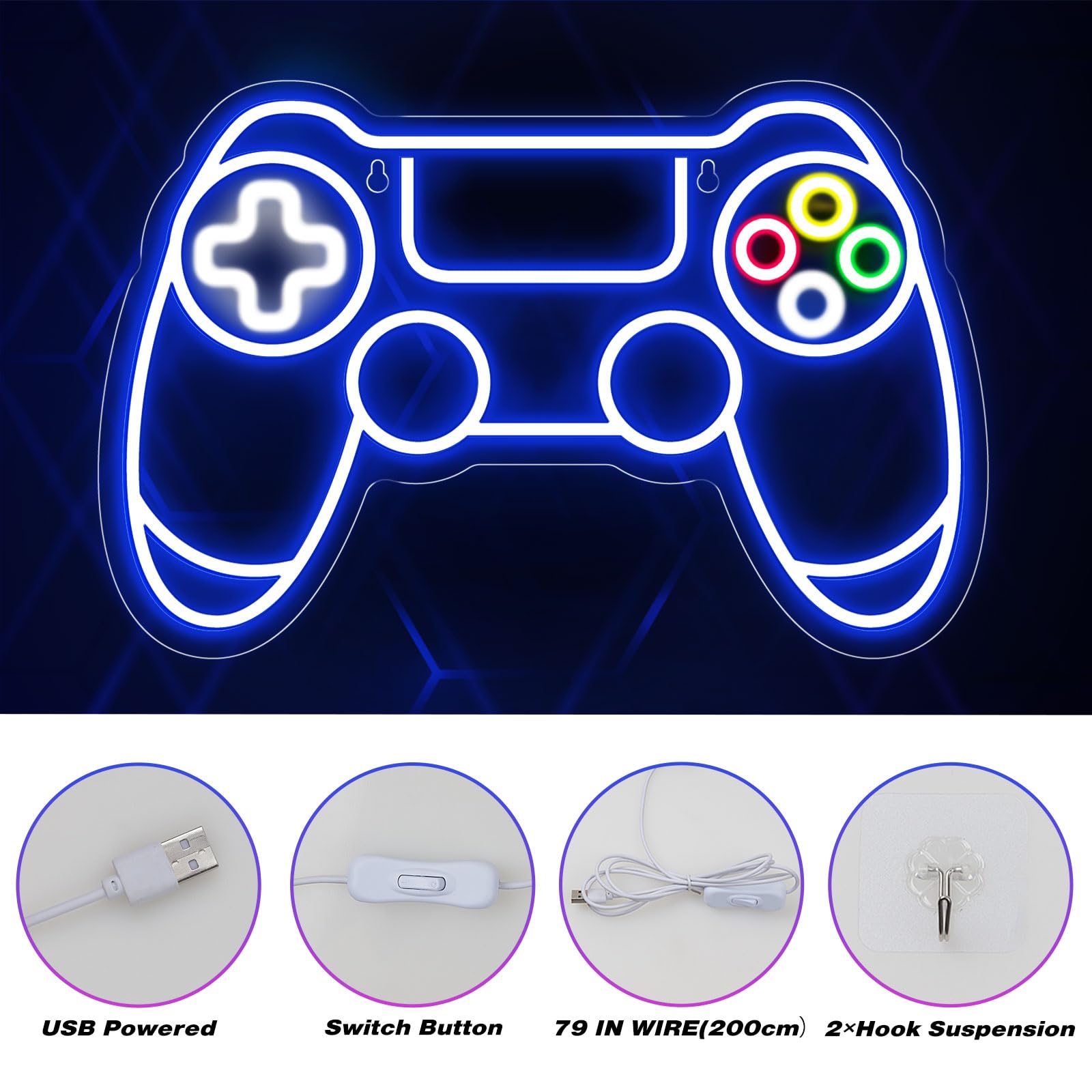 Craques gamer neon sign shaped like a video game controller with USB power