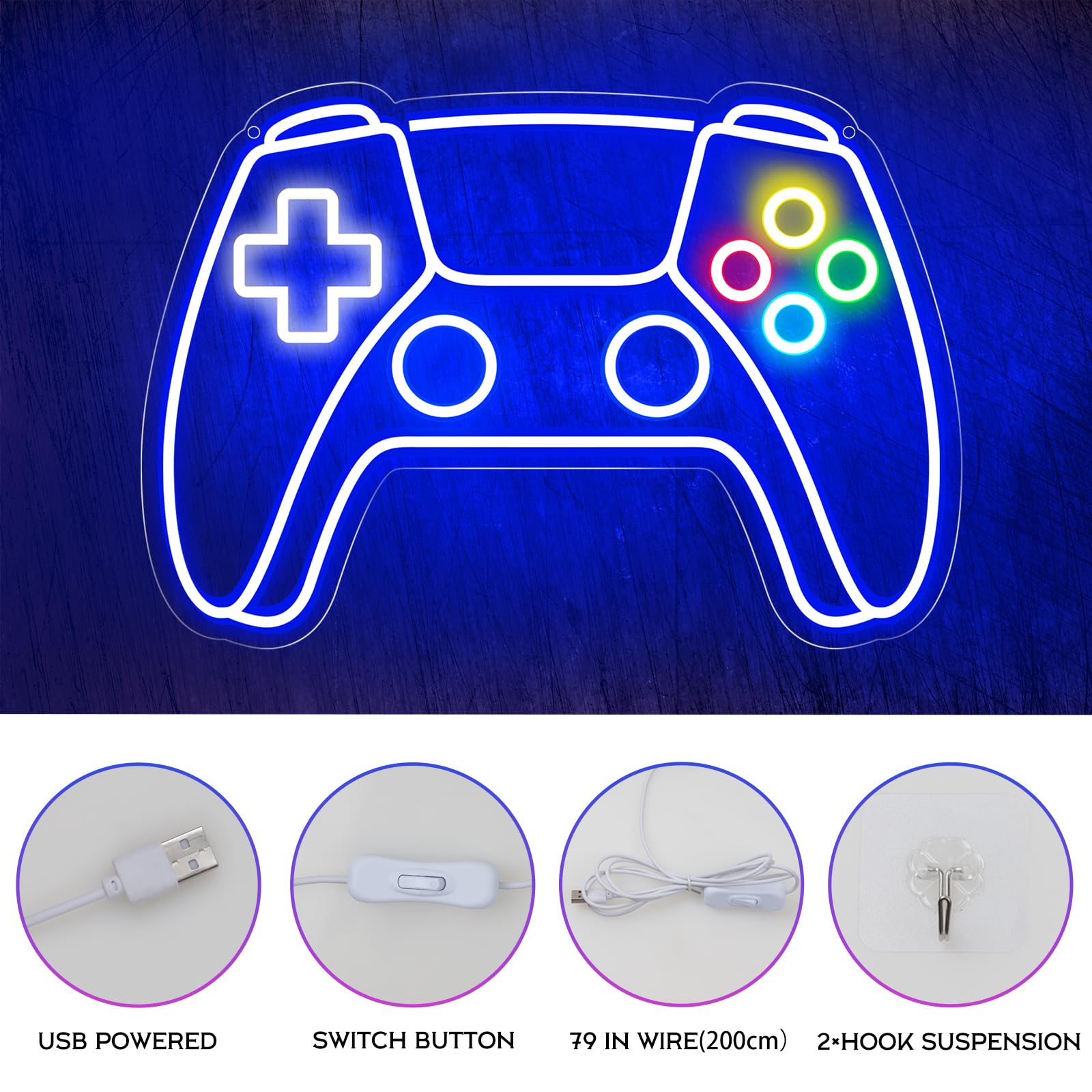 Craques gamer neon sign shaped like a video game controller with USB power and switch button