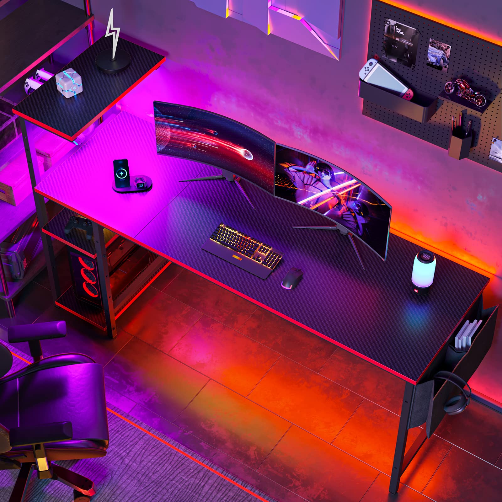 craques 61 inch gaming desk with power outlets in black with RGB lighting and dual curved monitors setup