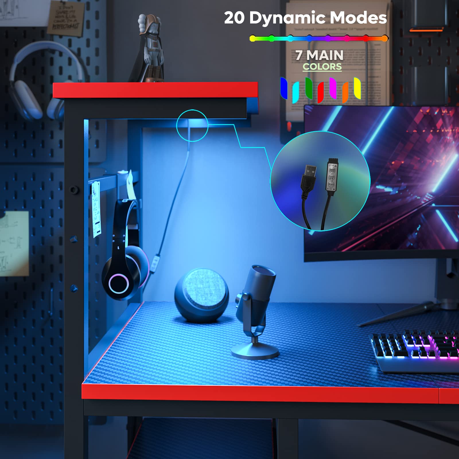 Craques 61 inch gaming desk with power outlets featuring RGB lighting, headphone hook, and gaming setup