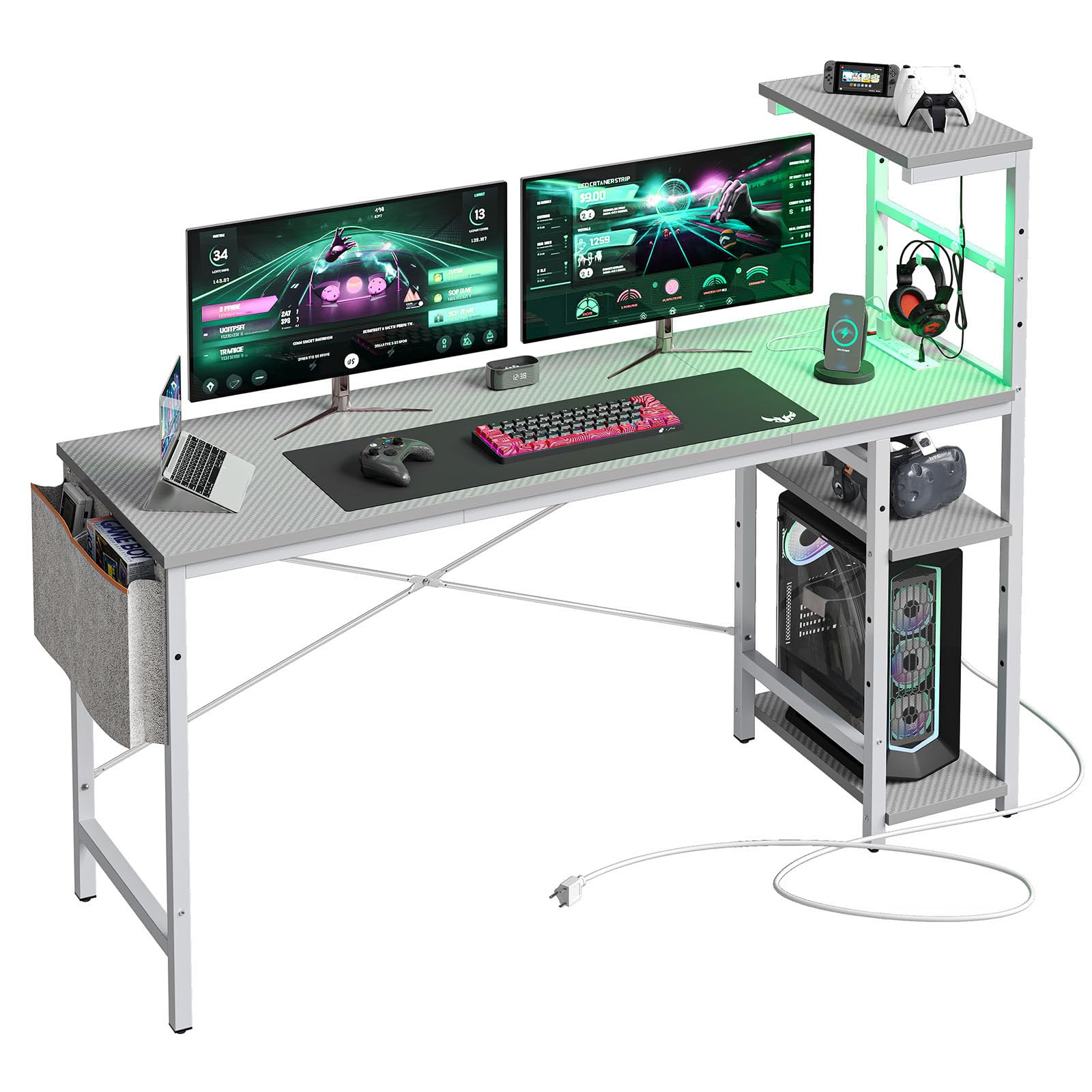 Craques 61 inch gaming desk with power outlets featuring dual monitor setup and storage shelves