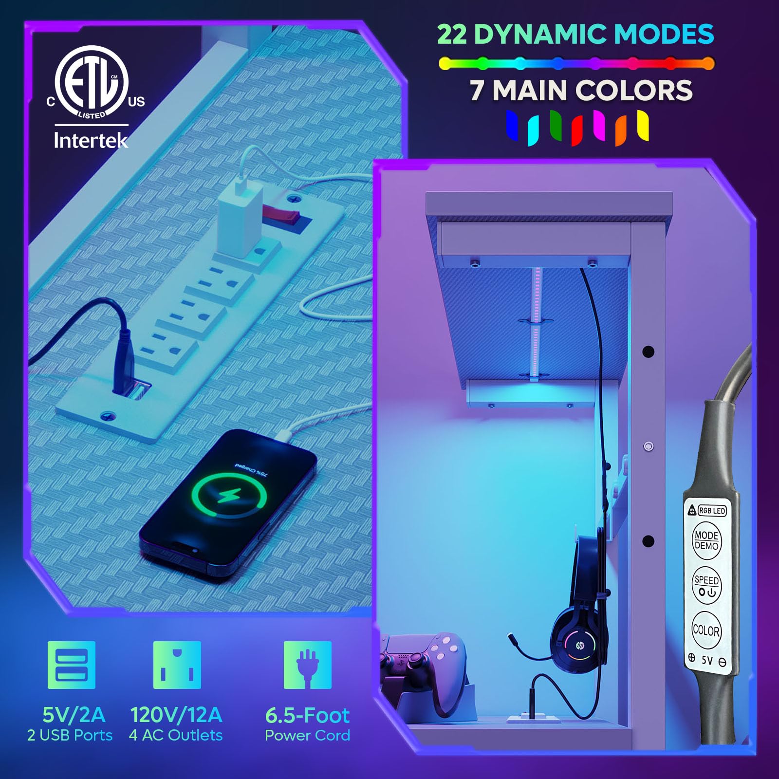 Craques 61 inch gaming desk with power outlets featuring USB ports AC outlets and RGB lighting modes