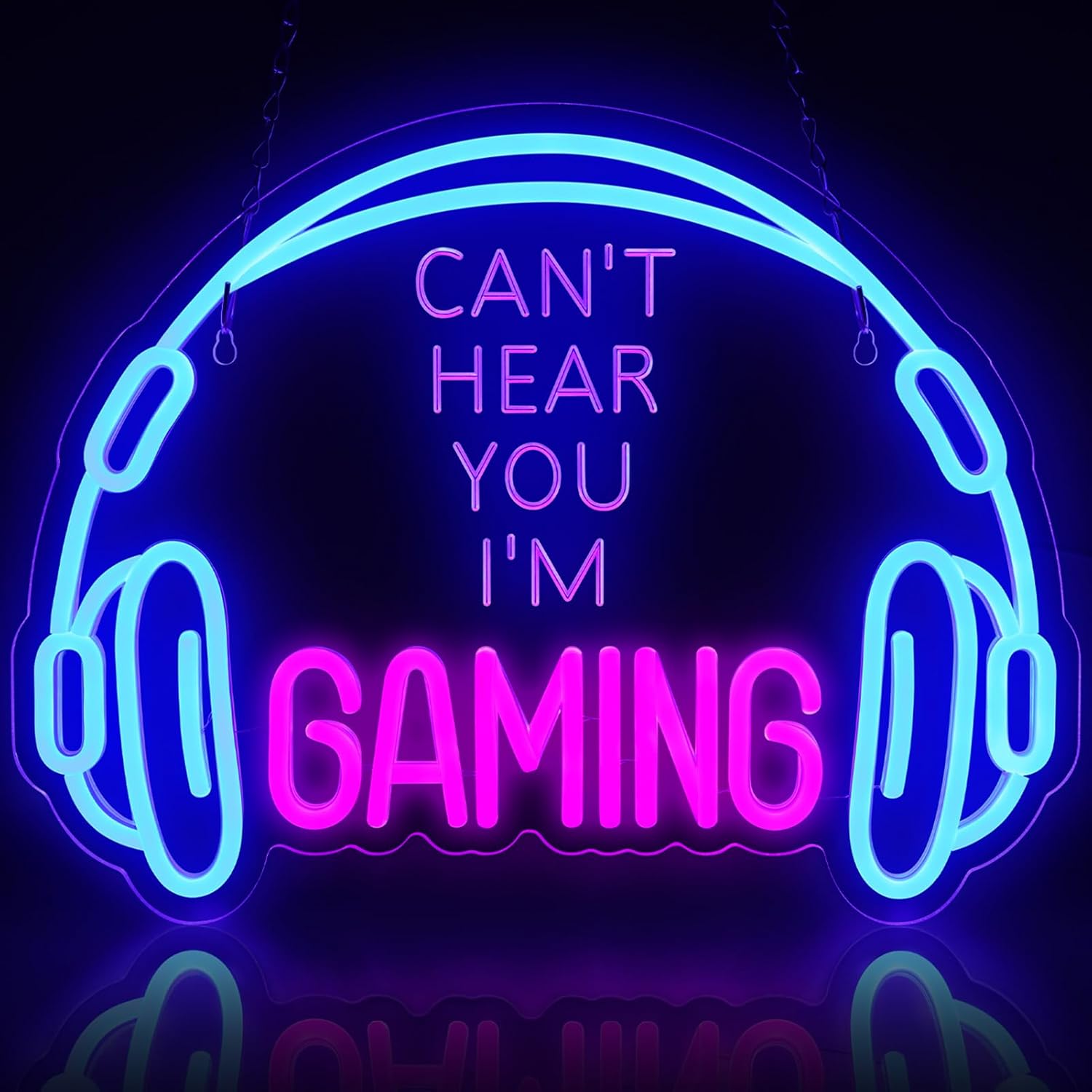 Gaming headset neon sign in blue and pink with the phrase CAN'T HEAR YOU I'M GAMING glowing