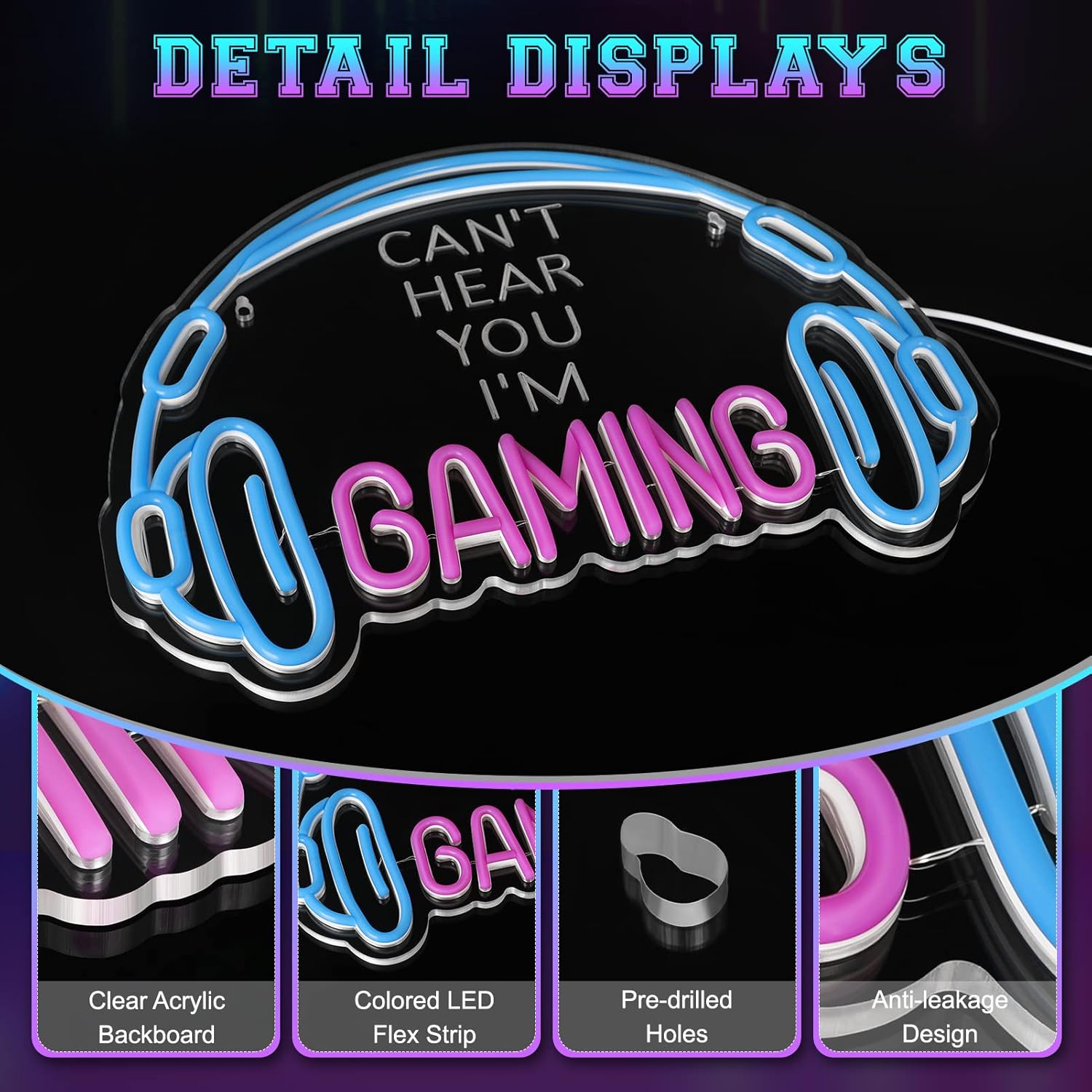 Gaming headset neon sign with blue and pink LED lights on clear acrylic backboard by craques