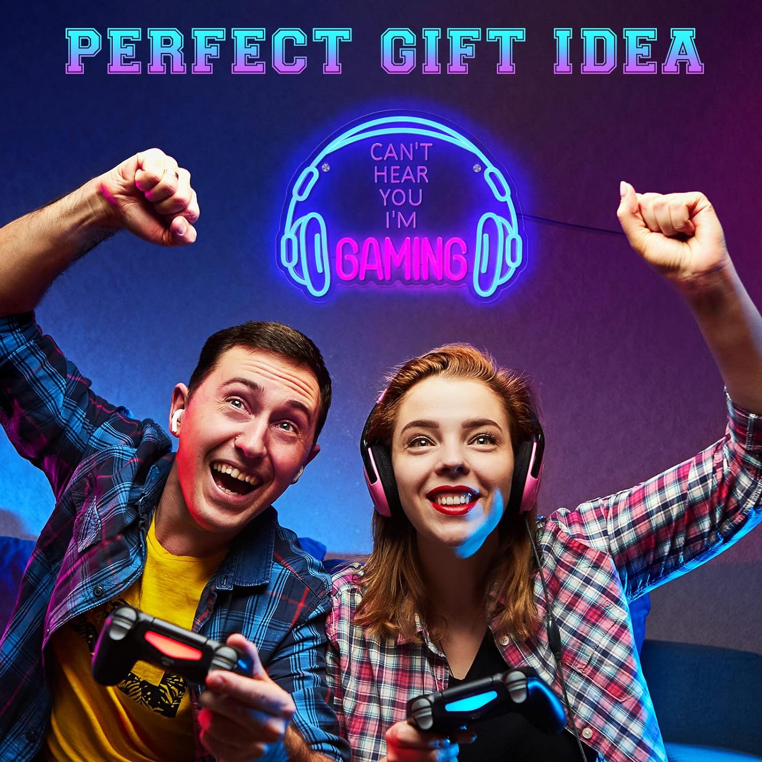 Excited gamers playing with controllers under a blue and pink gaming headset neon sign saying cannot hear you