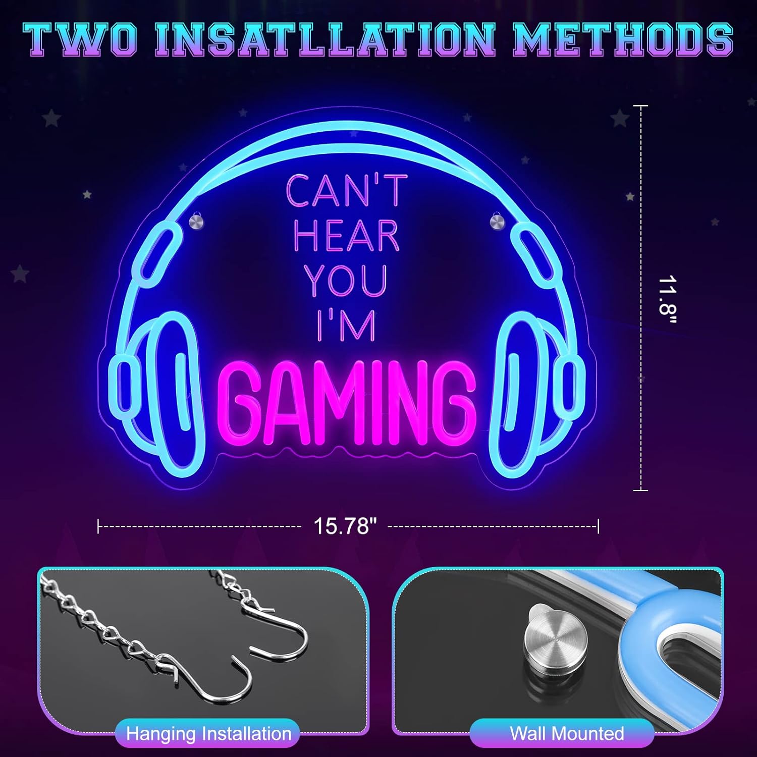 gaming headset neon sign in blue and pink with installation options hanging or wall mounted