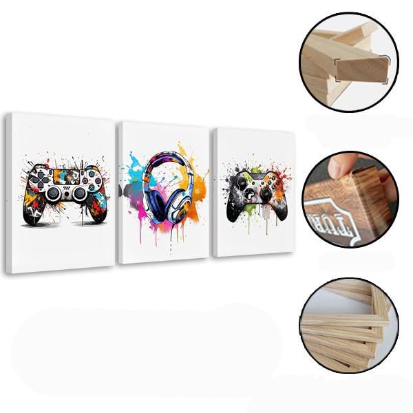 Craques gaming wall art framed set featuring colorful controller and headset designs with wooden frames