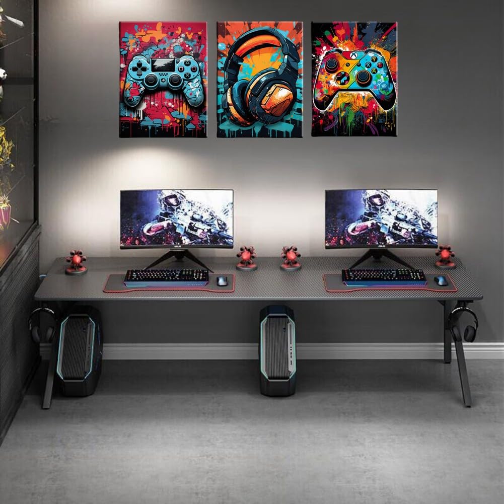 Craques gaming wall art framed featuring colorful controller and headset designs above dual gaming setups