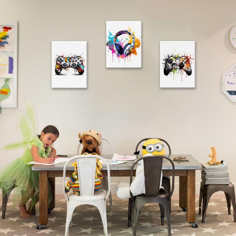 Colorful gaming wall art framed featuring headphones and controllers hung above a children's playroom table