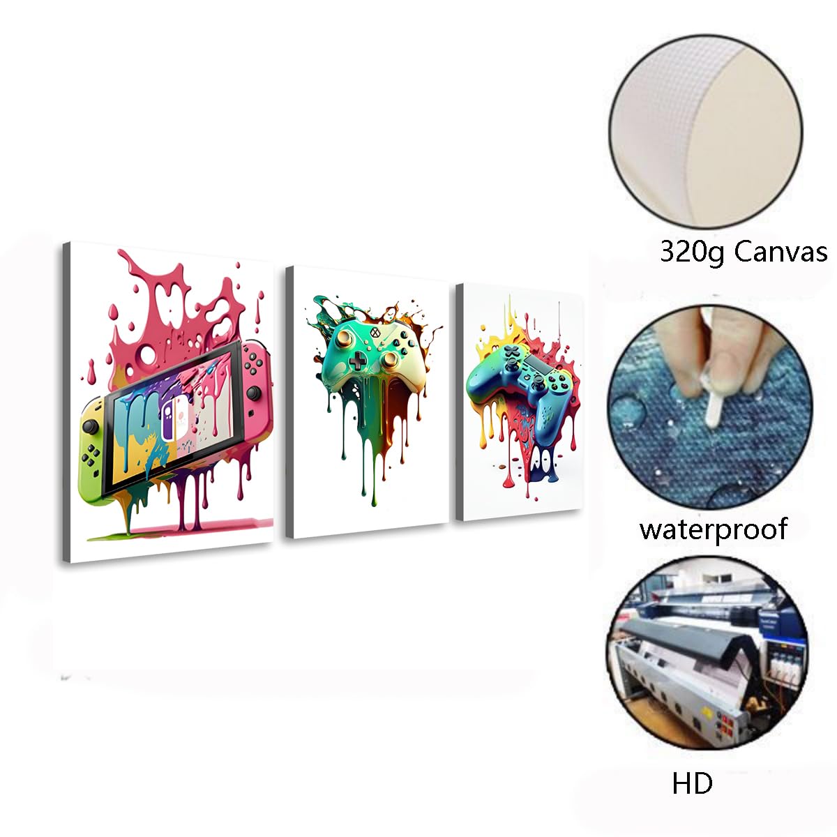 Craques gaming wall art framed set featuring colorful dripping paint designs on canvas with waterproof and HD quality