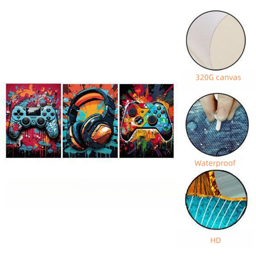 Craques gaming wall art framed set featuring colorful controller and headset designs on 320G canvas