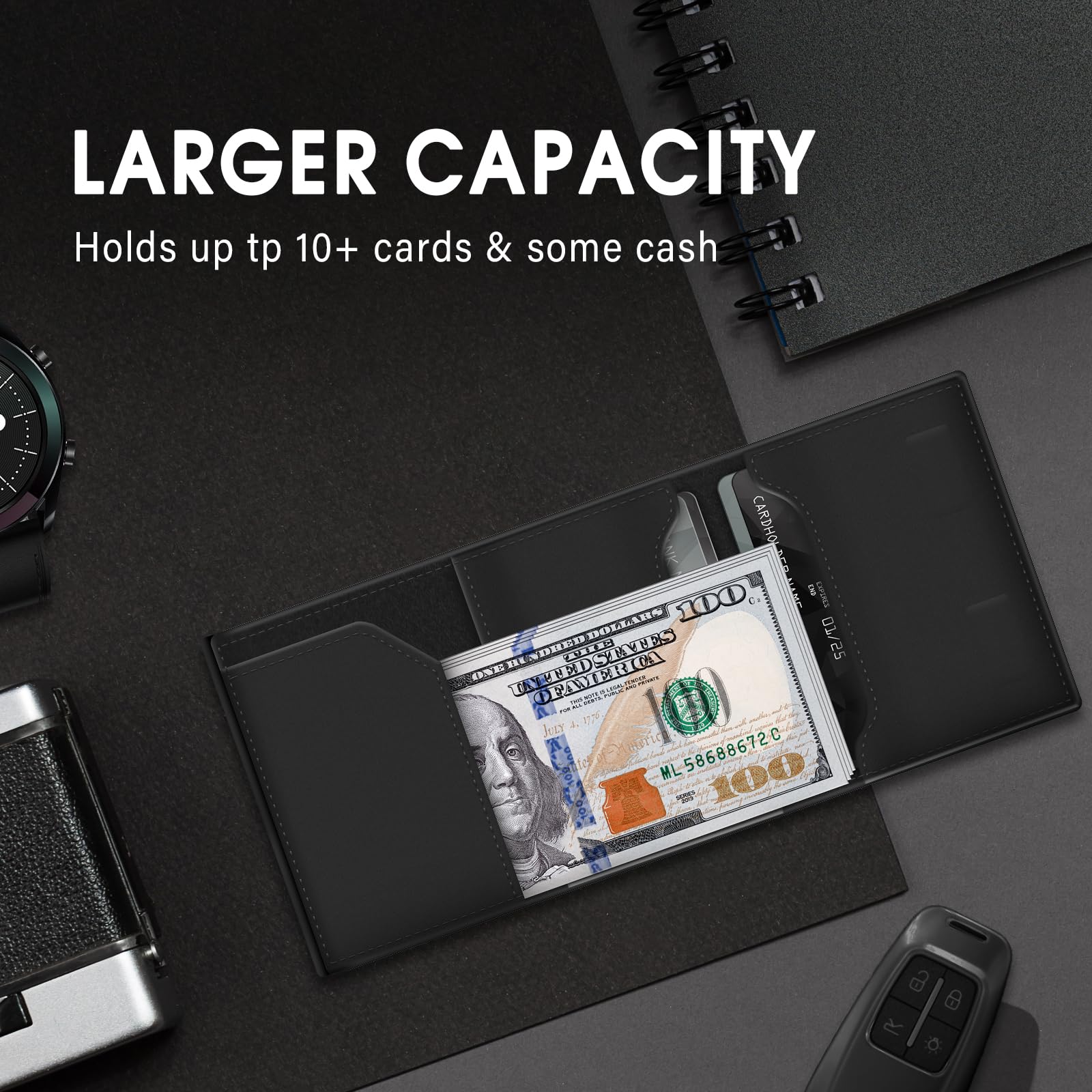 Black craques AirTag wallet for men with larger capacity holding over 10 cards and cash