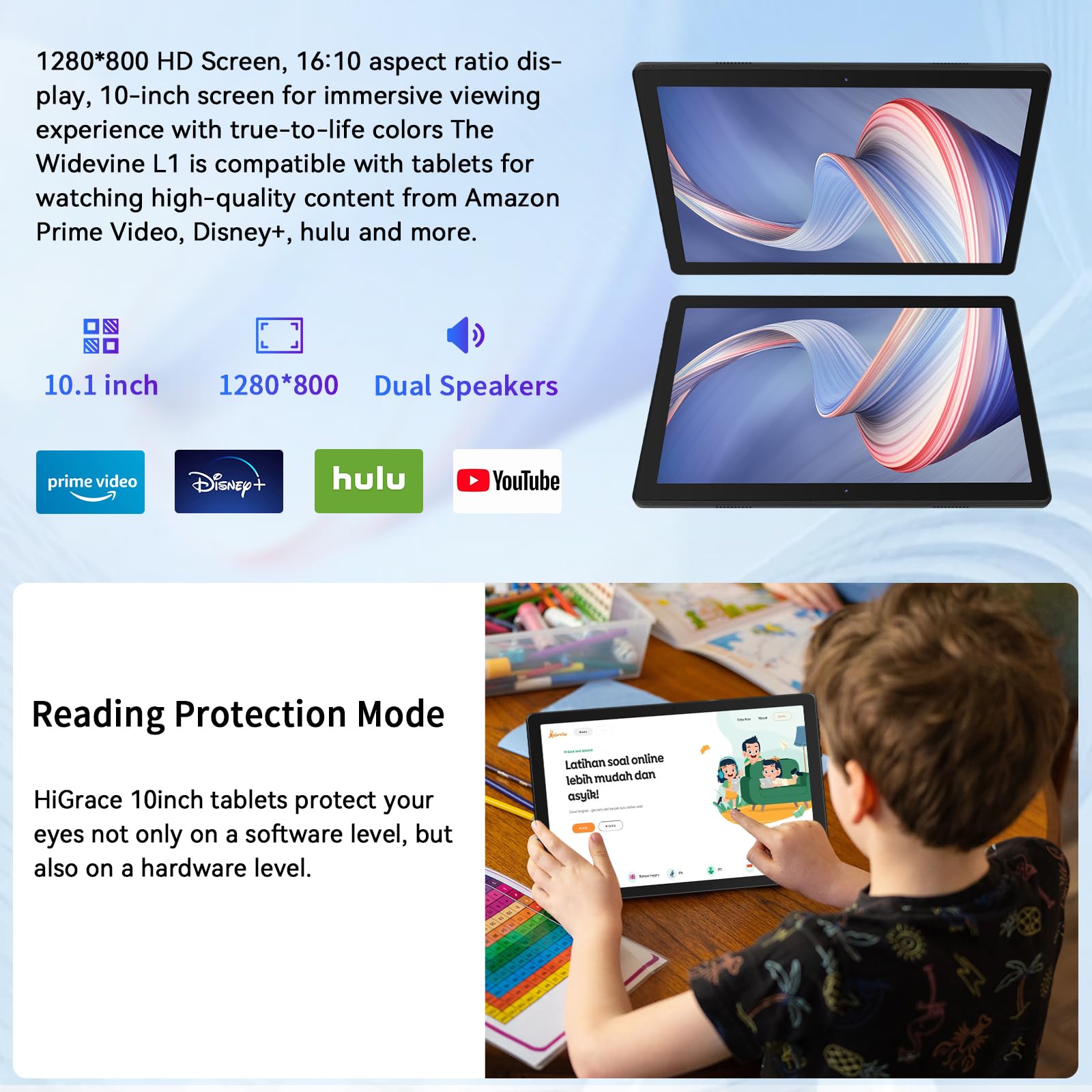 Craques Android 14 tablet 10 inch with 1280x800 HD screen dual speakers and reading protection mode