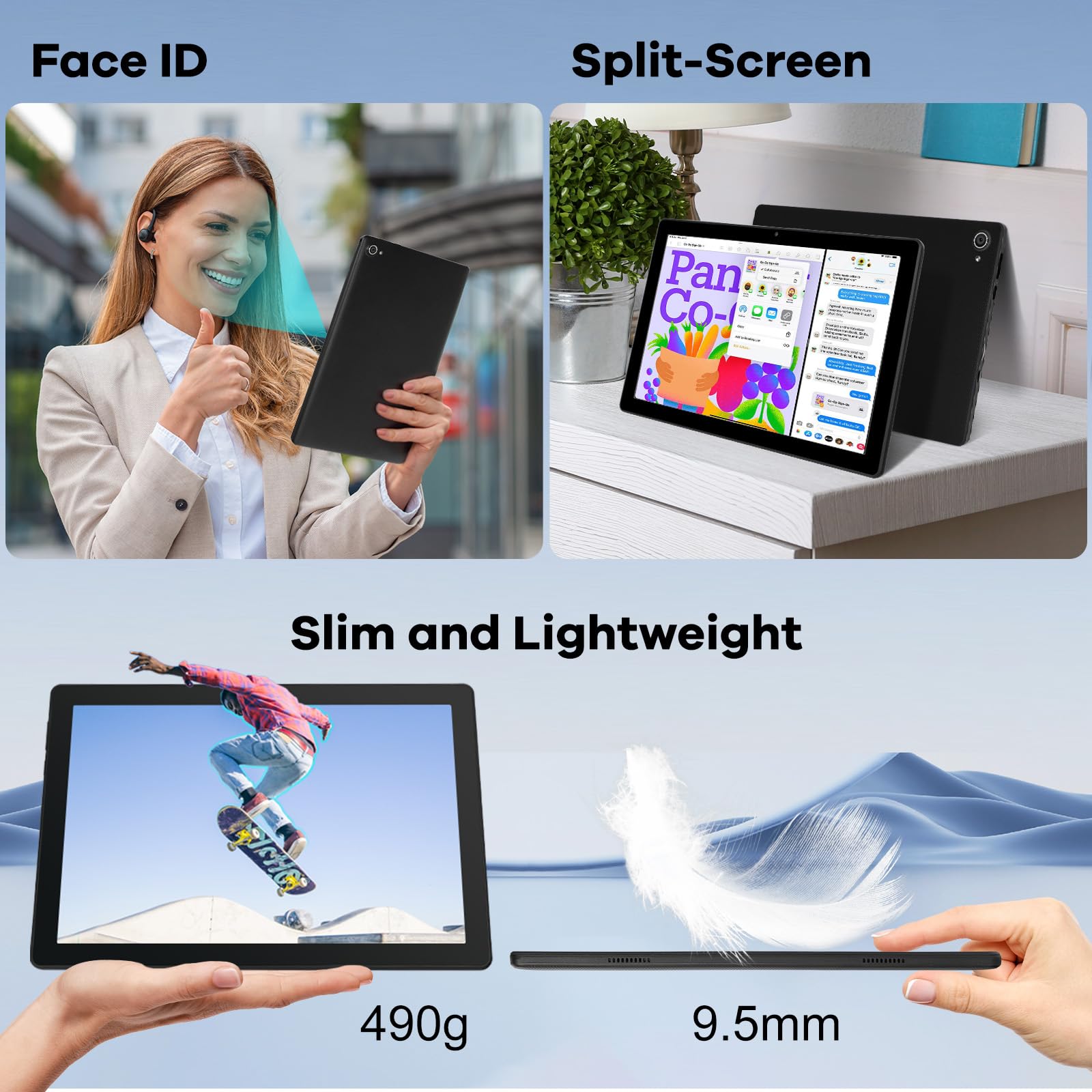 craques Android 14 tablet 10 inch showcasing face ID, split-screen, slim 490g weight, and 9.5mm thickness