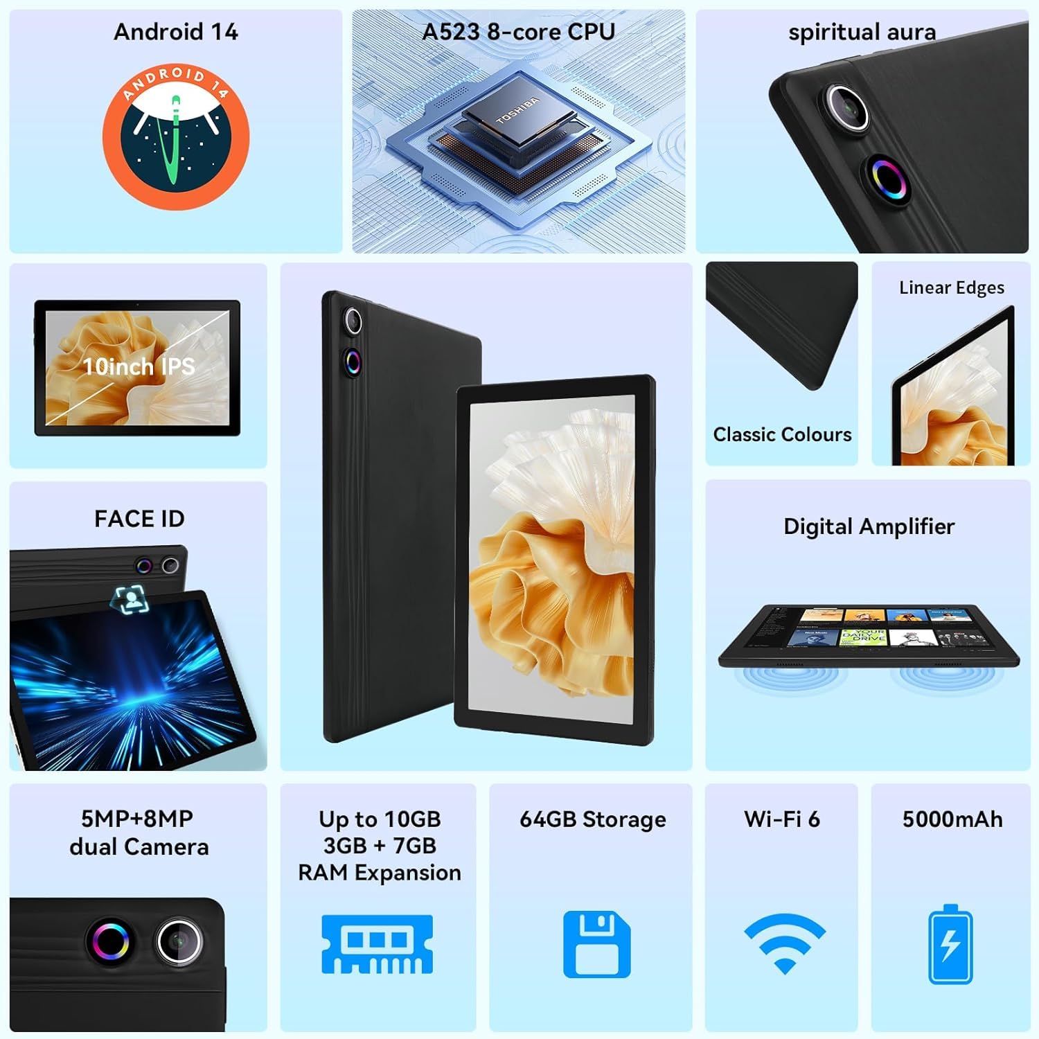 craques Android 14 tablet 10 inch with A523 8-core CPU, dual 5MP and 8MP cameras, 64GB storage, and Wi-Fi 6