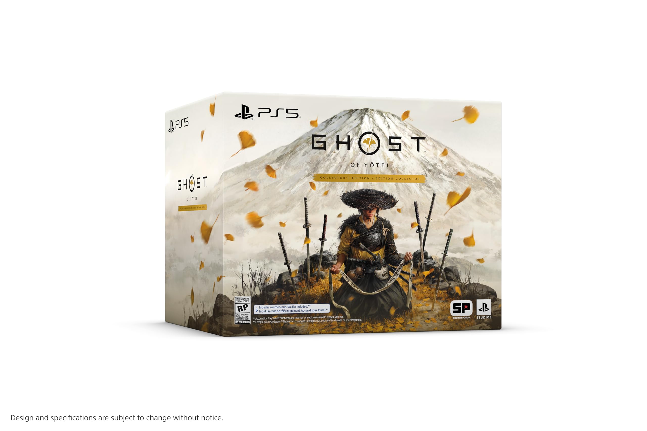 Ghost of Yōtei PS5 game box featuring samurai warrior with mountain background and falling leaves