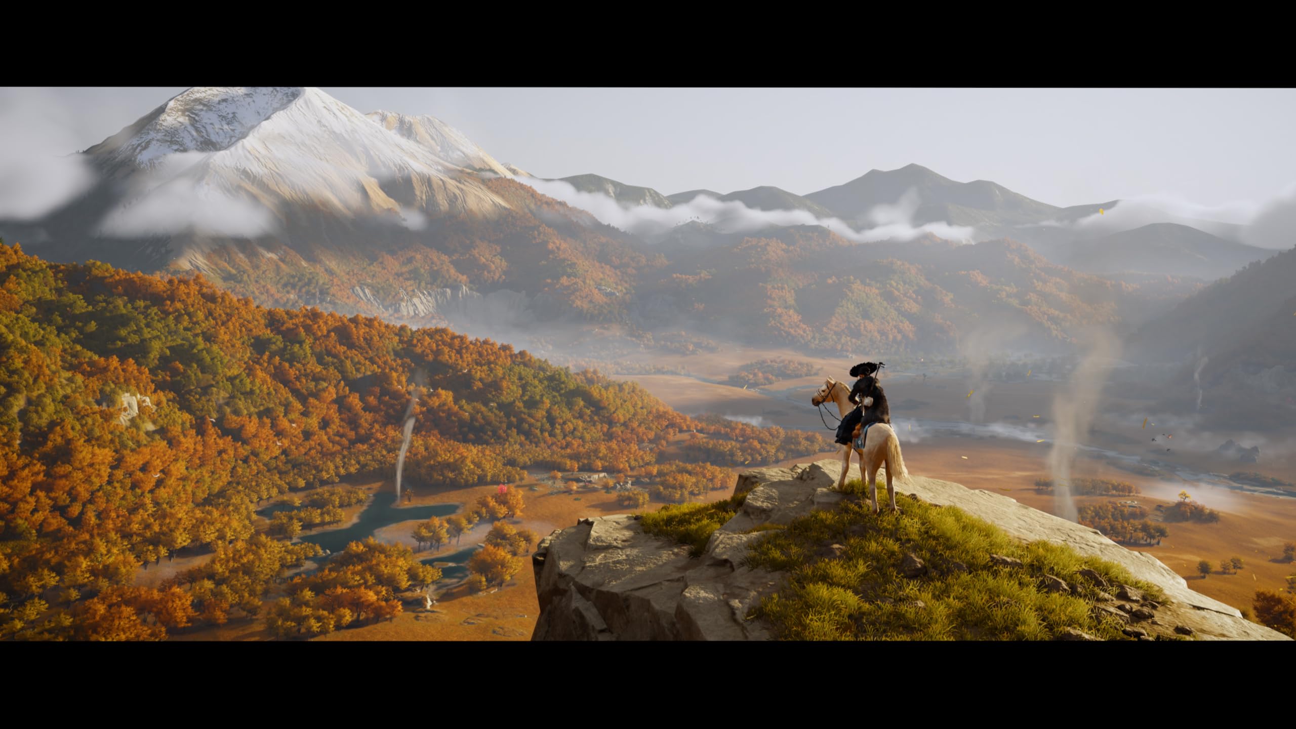 Scenic mountain landscape with autumn trees and a warrior on horseback in Ghost of Yōtei PS5 game by craques