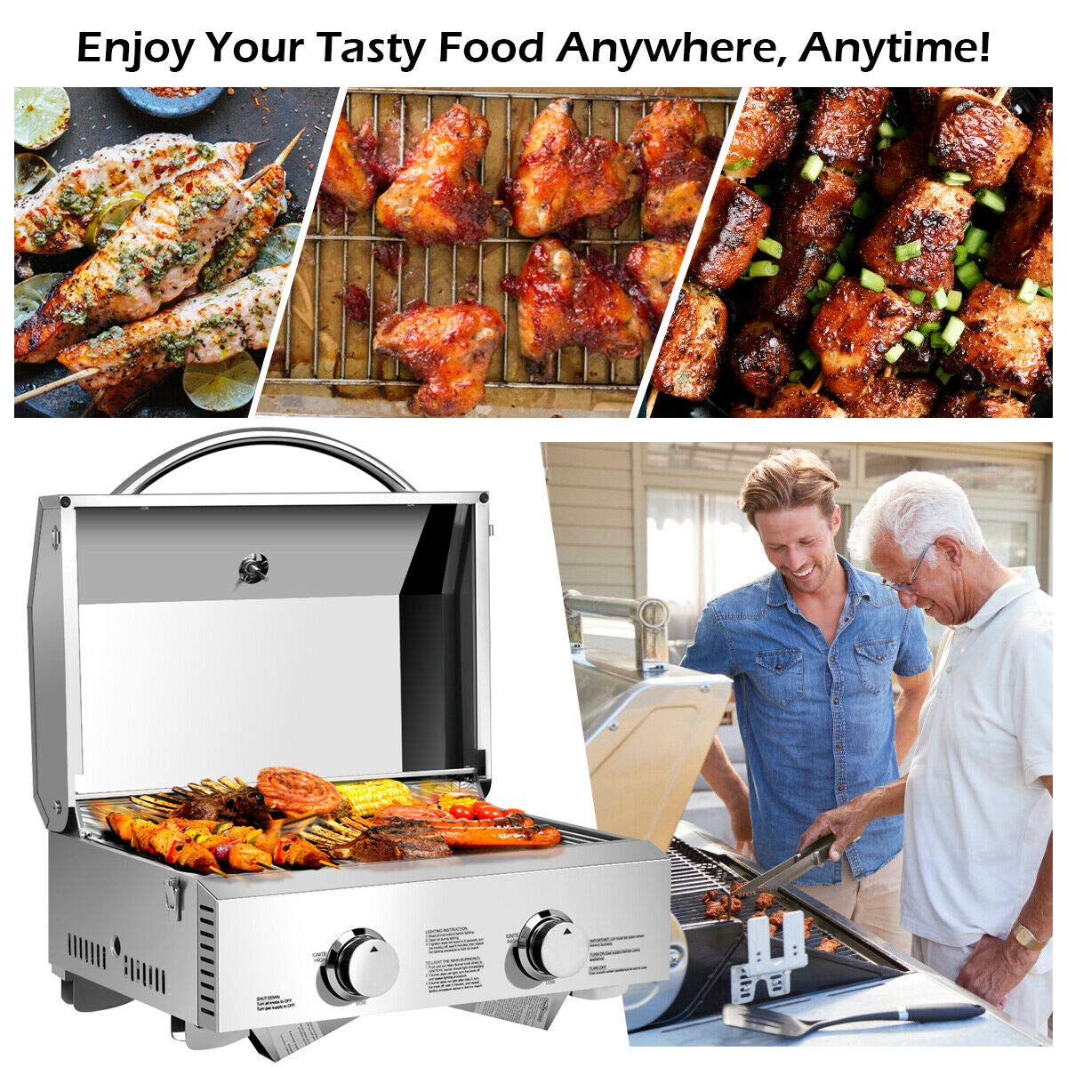 Giantex propane grill 4 burner stainless steel portable barbecue grill with food cooking and two men grilling