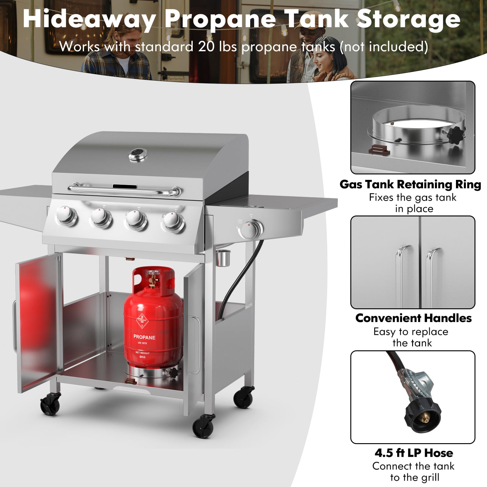 Giantex propane grill 4 burner stainless steel with hideaway propane tank storage and convenient handles