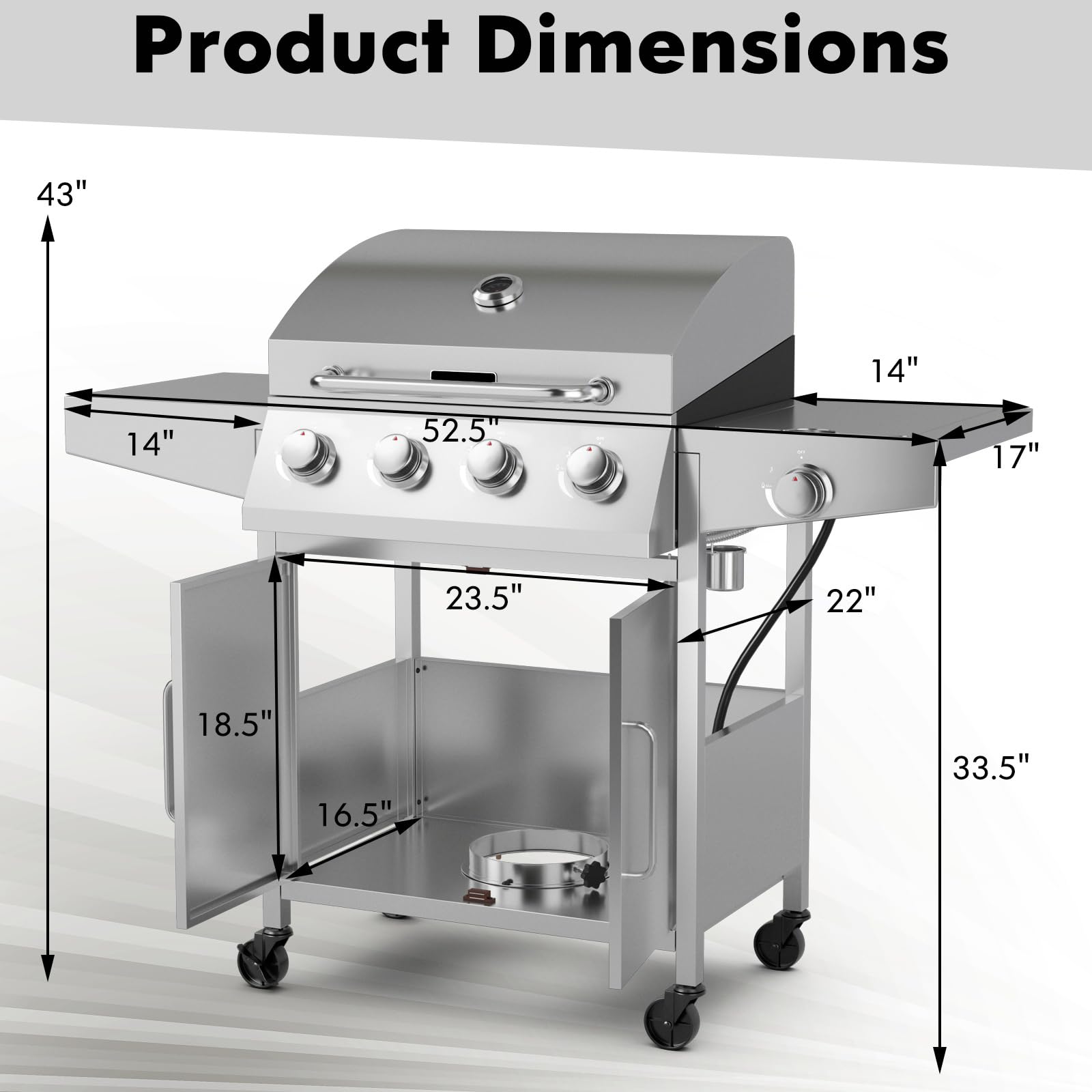 Giantex propane grill 4 burner with stainless steel body and detailed product dimensions