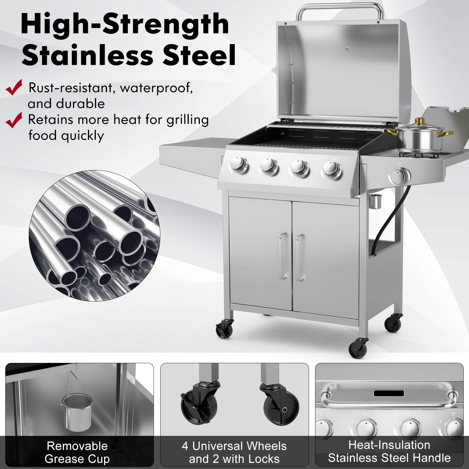 Giantex propane grill 4 burner stainless steel with removable grease cup and universal wheels with locks