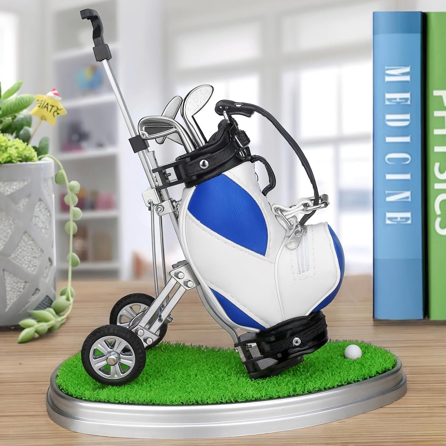 Craques golf bag and clubs model on mini trolley with putting green base golf gifts for men