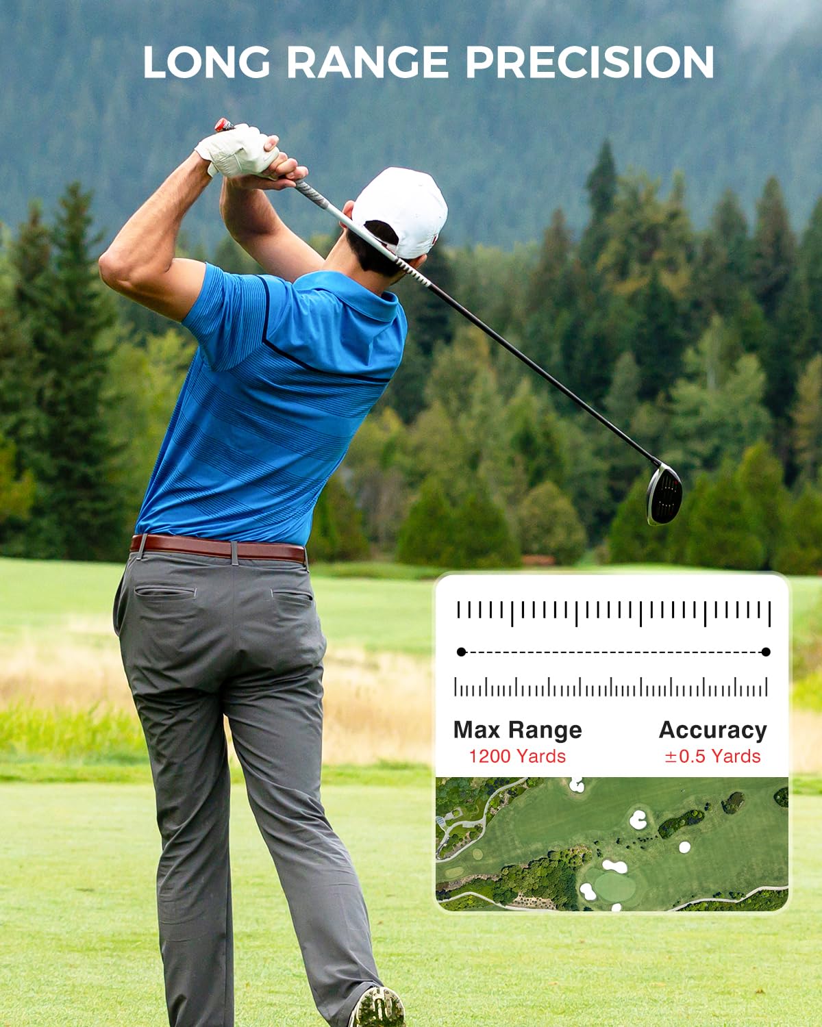 Golfer using golf rangefinder with slope for long range precision and accurate distance measurement