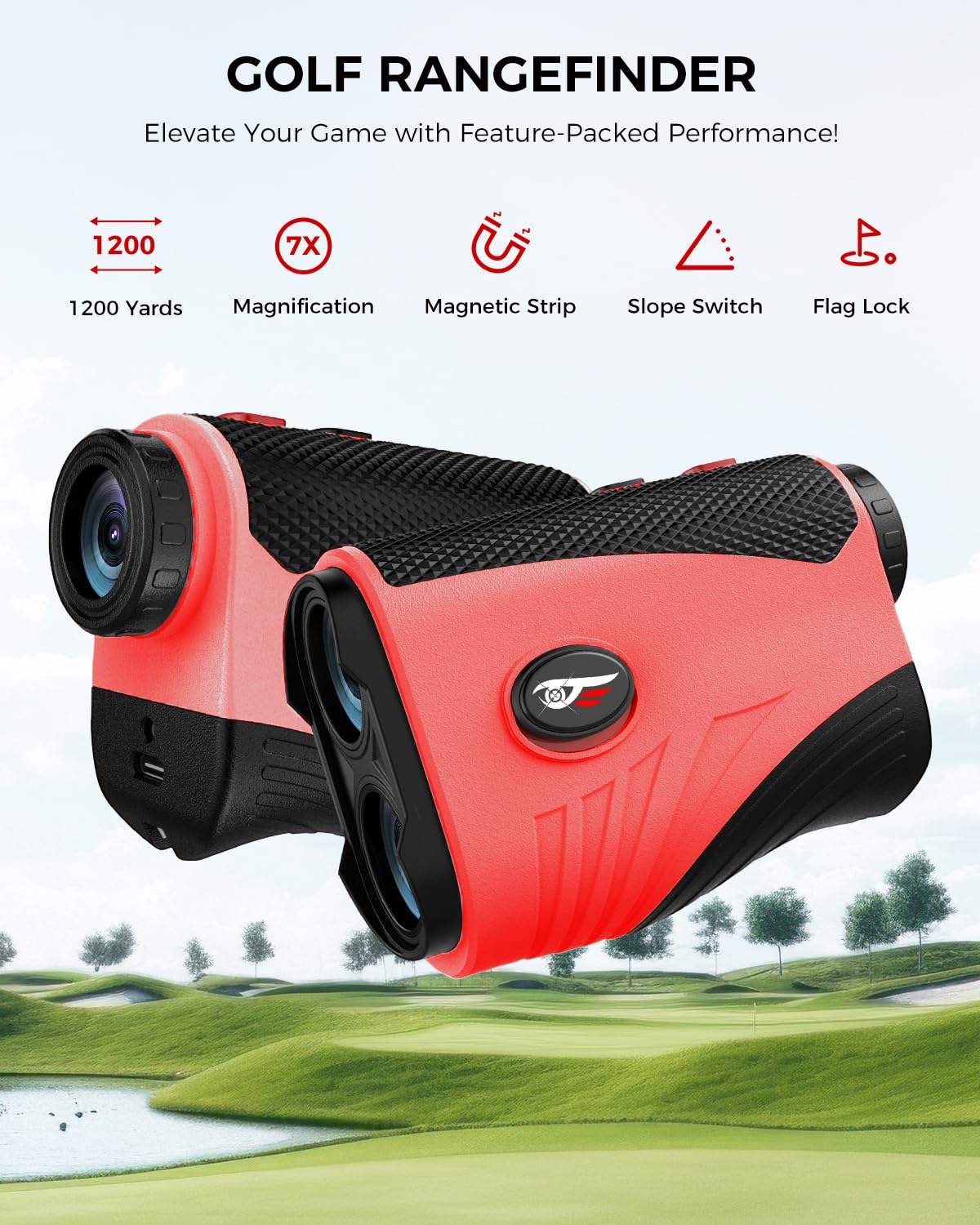 Craques golf rangefinder with slope in red and black featuring 1200 yards range and 7x magnification