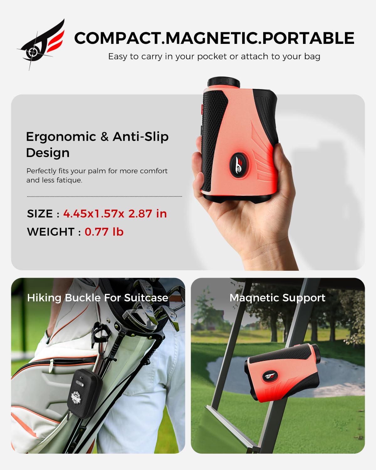 Craques golf rangefinder with slope in black and red showing ergonomic design and magnetic support