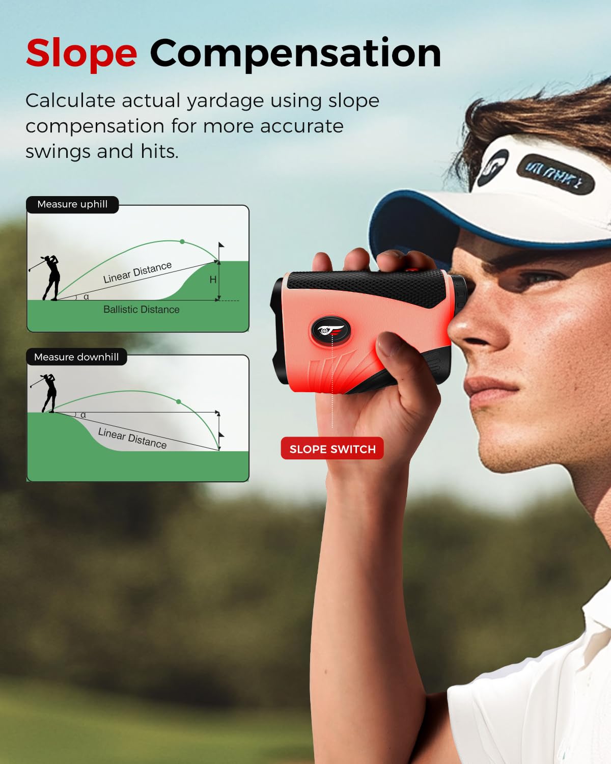 Man using craques golf rangefinder with slope to measure accurate yardage with slope compensation on golf course