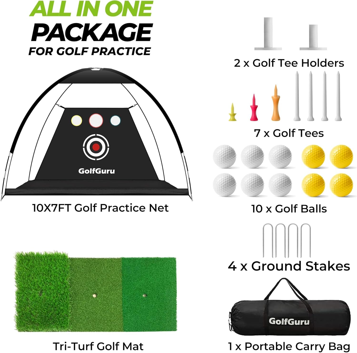 Craques indoor golf practice net package with 10x7 ft net, golf tees, balls, ground stakes, tri-turf golf mat, and carry bag