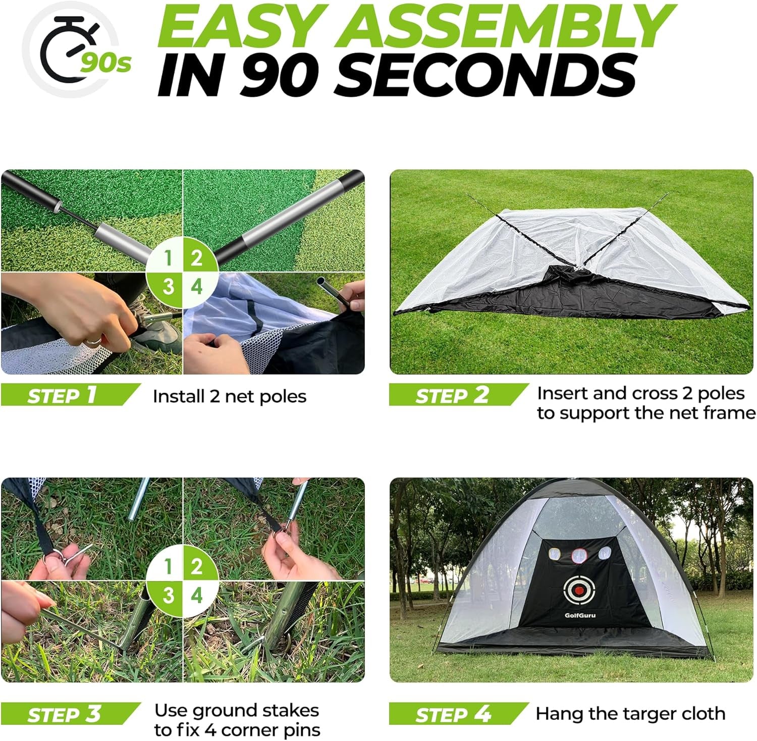 Step-by-step easy assembly instructions for craques indoor golf practice net with poles, stakes, and target cloth