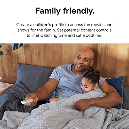 Family enjoying movies together using craques 4K Google TV streaming device with parental controls