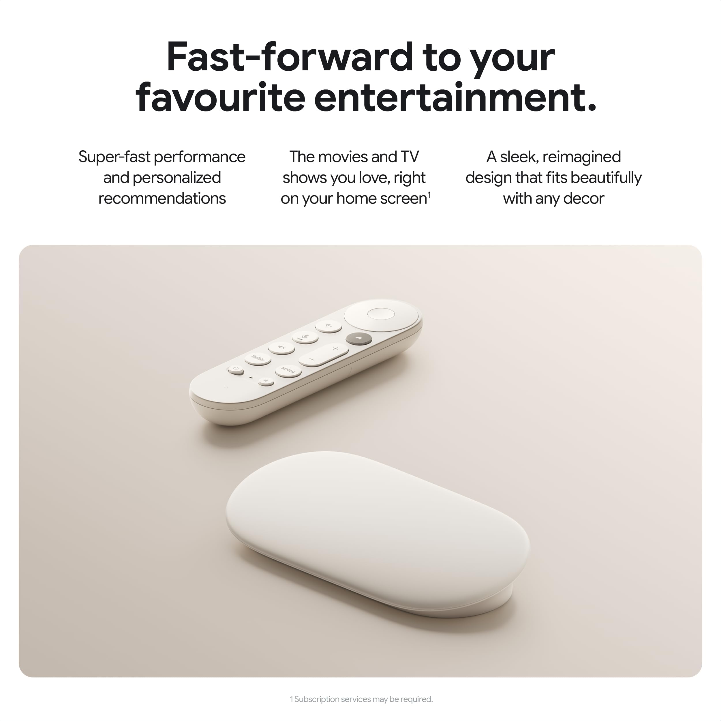 craques 4K Google TV streaming device with sleek white remote and minimalist design
