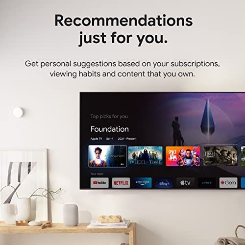 4K Google TV streaming device showing personalized content recommendations on a modern wall-mounted TV