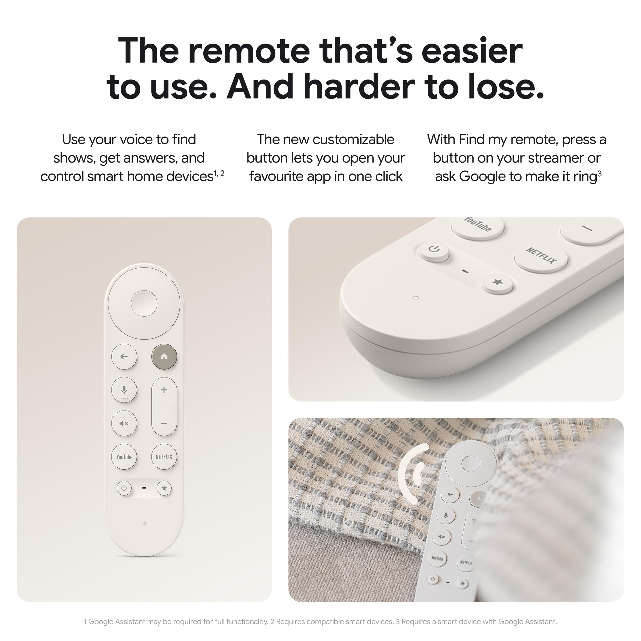 White 4K Google TV streaming device remote control with voice command and customizable buttons