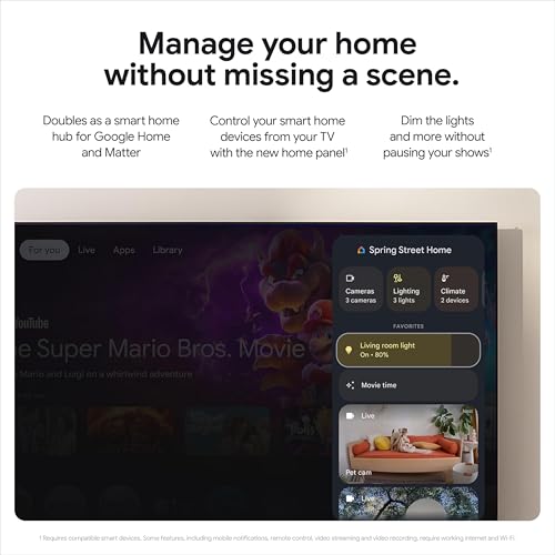 4K Google TV streaming device home screen showing smart home control with lighting and camera options