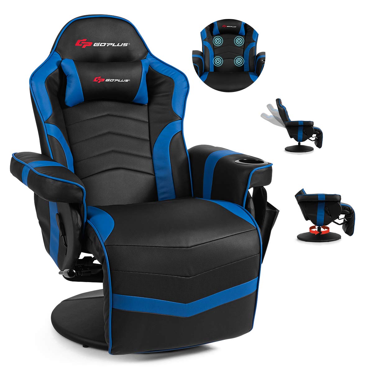 Black and blue massage gaming chair for adults with ergonomic design and built-in armrest cup holder