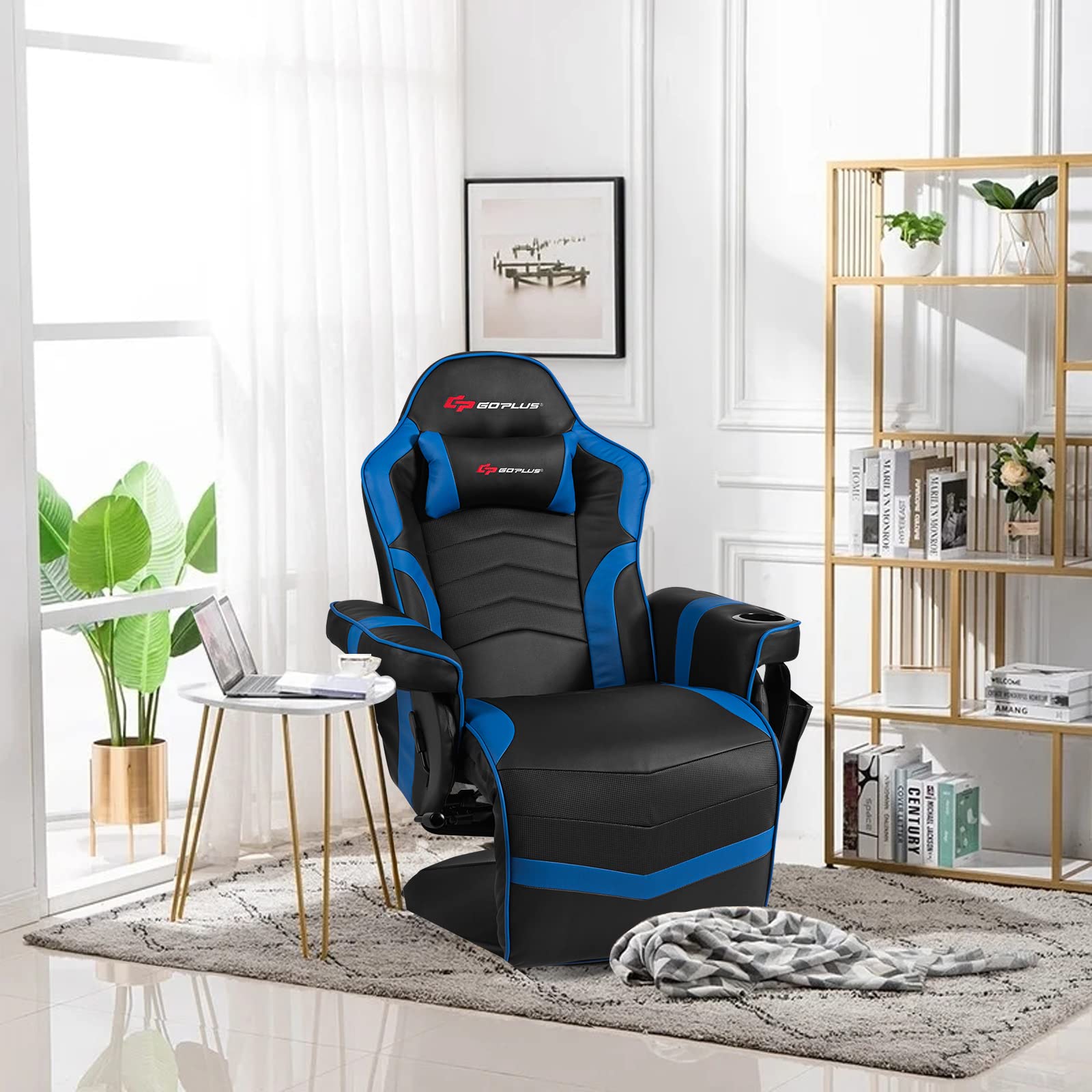 Craques massage gaming chair for adults in black and blue with padded armrests in modern living room