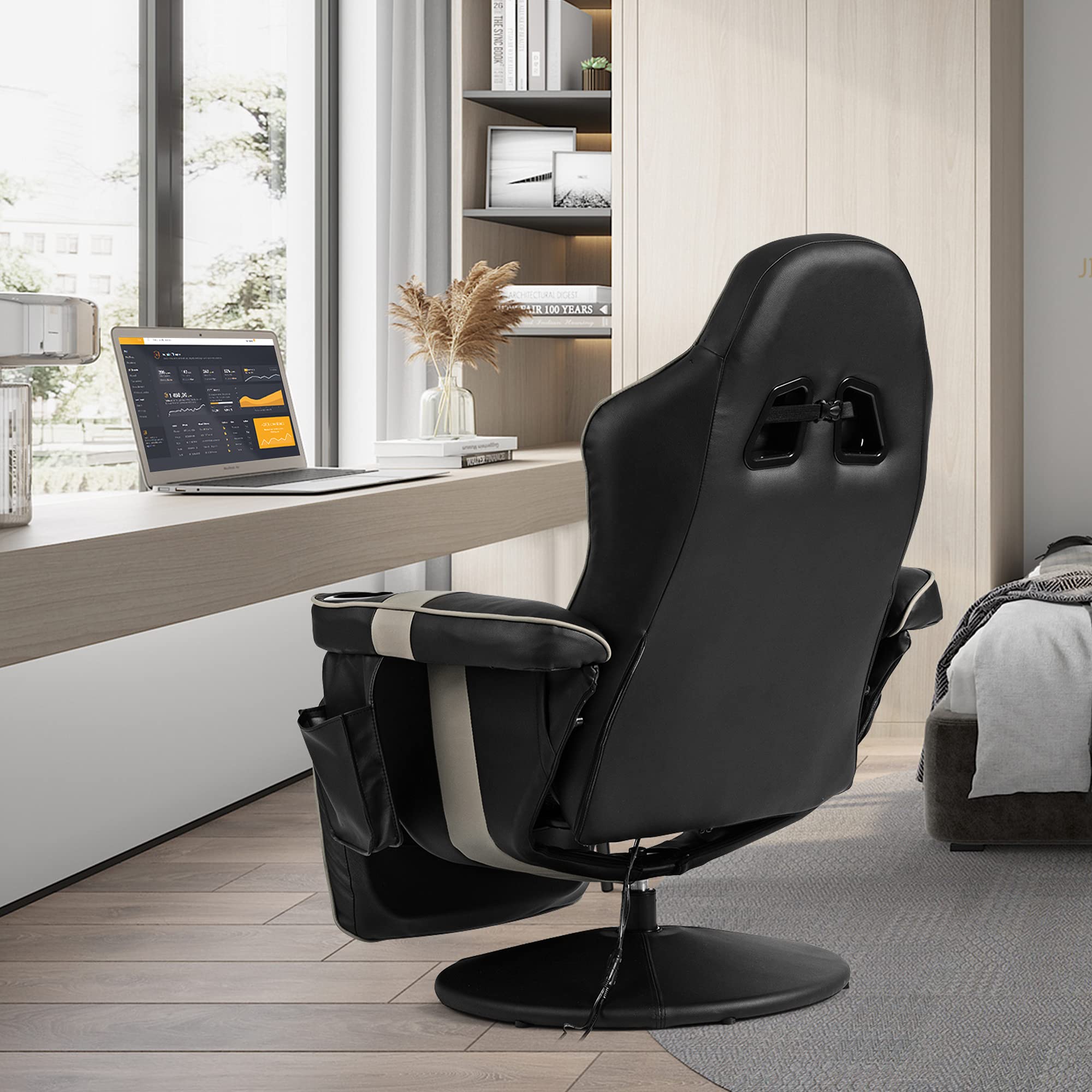 Black massage gaming chair for adults with armrests and swivel base in a modern home office setting