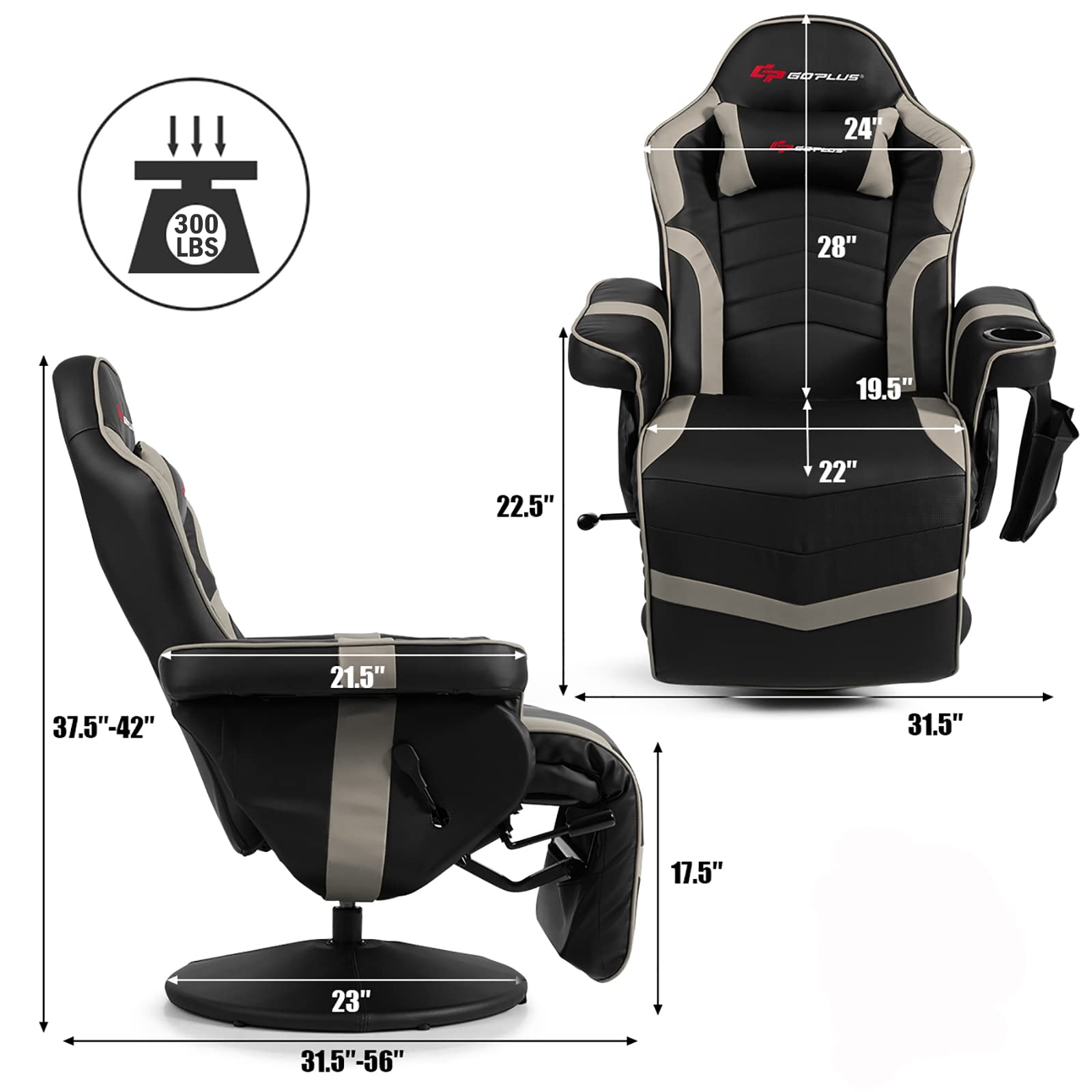 Craques massage gaming chair for adults with adjustable recline and footrest, black and gray design