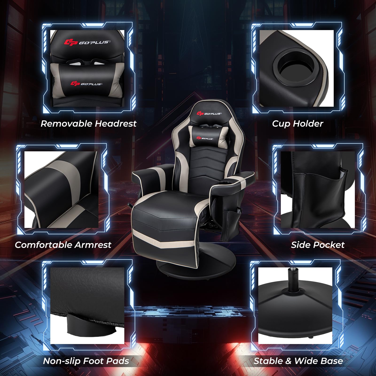 Massage gaming chair for adults with removable headrest cup holder side pocket and non-slip foot pads