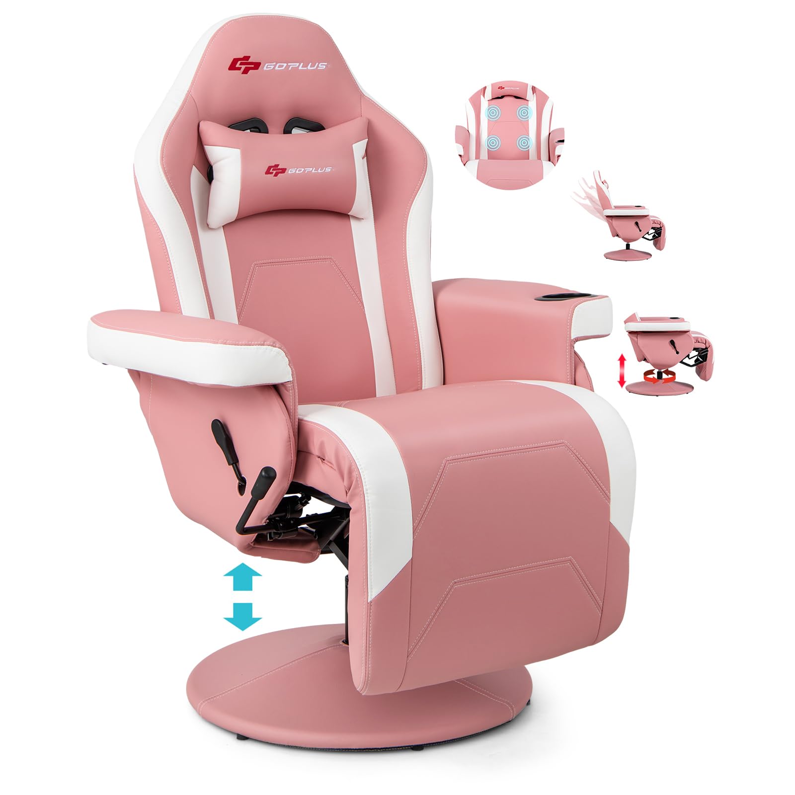 Pink and white massage gaming chair for adults with adjustable recline and footrest